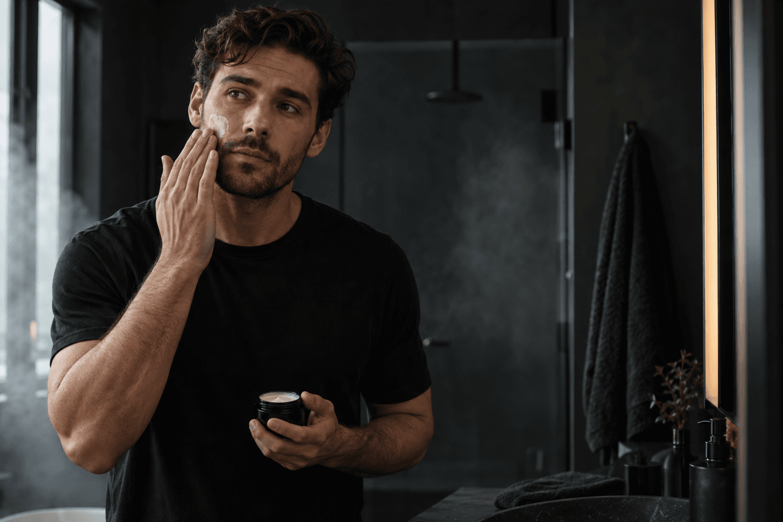 Man applying face moisturizer as part of a simple skincare routine
